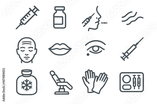 Cosmetic procedure icons: syringe, botox, facial care, gloves, and medical equipment