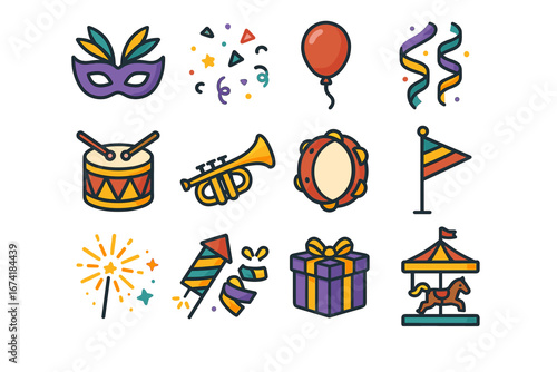 Colorful celebration icons featuring mask, musical instruments, balloons, and gifts