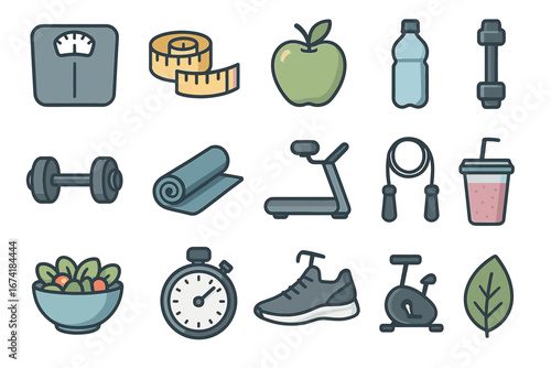 Fitness and wellness icons: dumbbell, treadmill, stopwatch, apple, yoga mat, water bottle