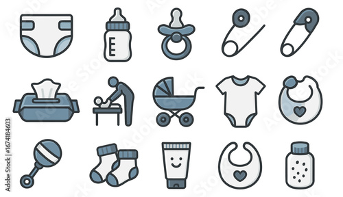 Baby essentials icons: diaper, bottle, dummy, stroller, clothing