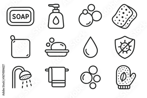 Soap and hygiene icons set including soap dispenser and sanitizer