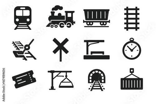 Collection of black train and railway icons on white background