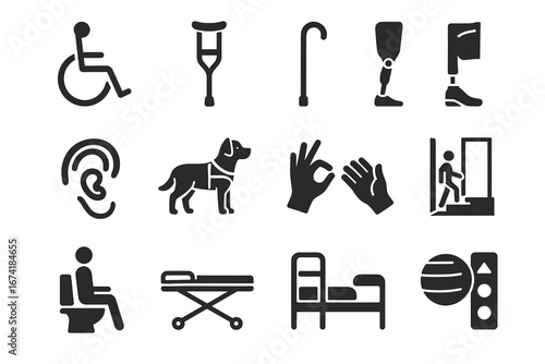 Accessibility icons set including wheelchair, crutch, hearing aid, and guide dog