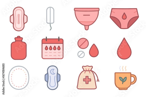 Menstrual products and health symbols: pads, tampons, cup, calendar, pain relief, tea