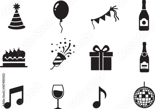 A collection of black and white icons representing various festive and celebratory elements.