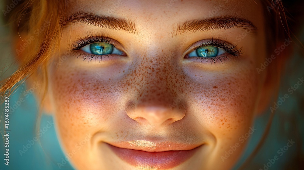 Fototapeta premium close-up of a freckled girl with bright blue eyes and soft smile for natural beauty and youthful skin highlighting portraits