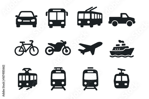 Various transportation icons: car, bus, bicycle, plane, boat, train, cable car