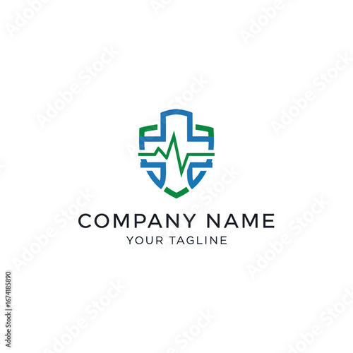Medical shield logo with cross and heartbeat line for healthcare business.