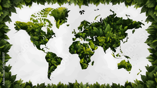 Vector art of world map made of lush green trees and foliage, representing global environmentalism and nature conservation