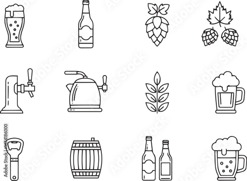 A collection of beer icons, including a glass, bottle, hop, kettle, and mug.