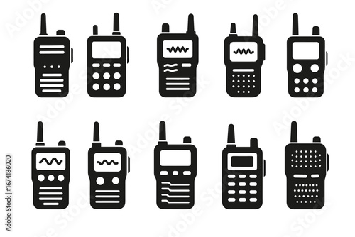 Set of ten black walkie talkie silhouettes with antennas on white background