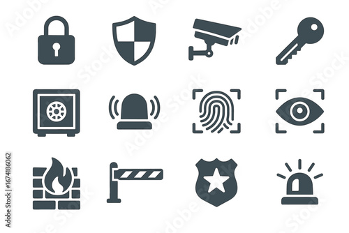 Security icons set: lock, camera, key, safe, fingerprint, alarm, badge, eye