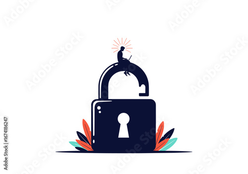 Illustrating the concept of unlocking digital security and access to information with a person working on a laptop atop an open padlock