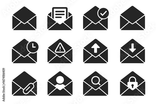 Set of envelope icons: email, attachments, security, notifications, updates