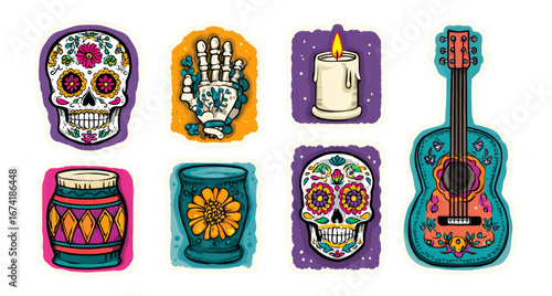 Colorful Day of the Dead Clipart Set on Transparent Background