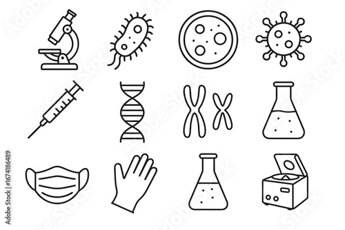 Science lab equipment and microbiology icons set in black and white