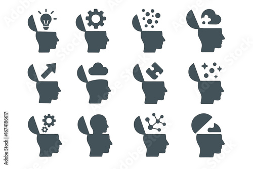 Silhouette icons of heads with creative and analytical elements