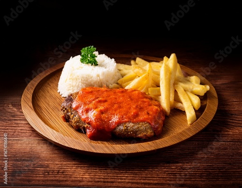 parmegiana steak also known as filet parmegiana in a wood plate on a rustic wooden background cheese and tomato sauce steak parmigiana rice french fries soft light angle view