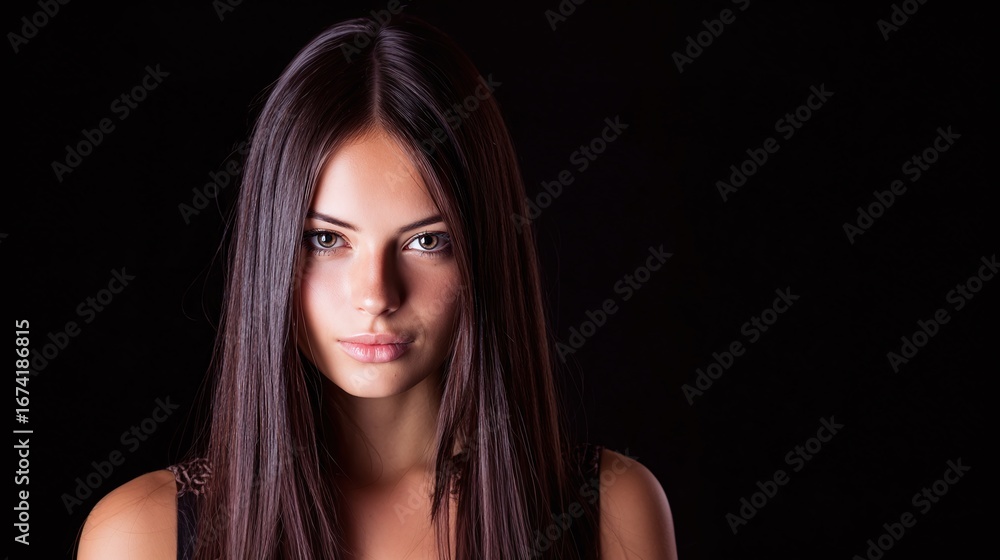 Fototapeta premium Portrait of a poised and beautiful woman with long brown hair and striking eyes, captured against a dark backdrop in a captivating image.