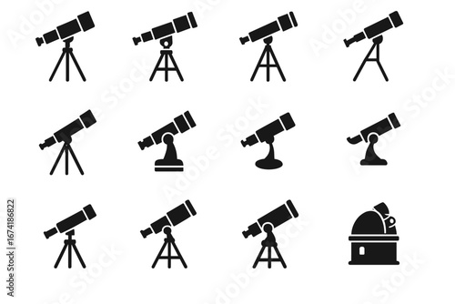 Set of telescopes: various designs and mounts in black silhouettes