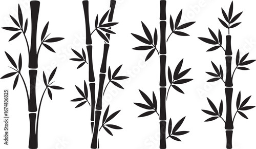 A stylized collection of bamboo stalks and leaves, presented as a striking black and white silhouette for decorative purposes.