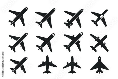 Silhouette collection of various airplanes in different angles