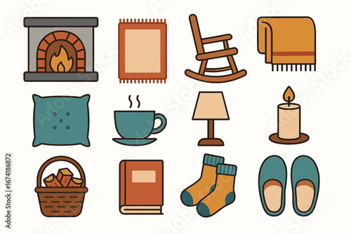 Cozy home icons featuring fireplace, blanket, rocking chair, and more comfort elements
