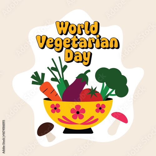 Vector art of world vegetarian day celebrated with a colorful bowl filled with fresh vegetables and fruits, promoting a healthy plantbased diet and lifestyle