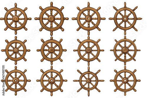 Collection of vintage nautical ship wheels in various arrangements
