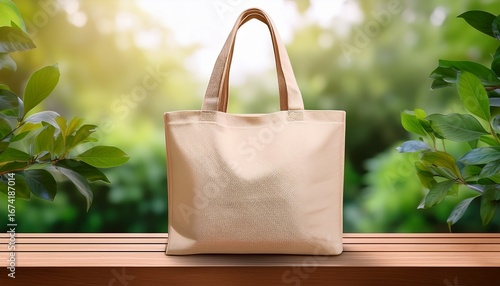 Wallpaper Mural a beige canvas tote bag mockup on wooden product display podium with nature leaves background eco friendly totebag mock up made of natural cotton reusable shopper ecobag canvas for design Torontodigital.ca