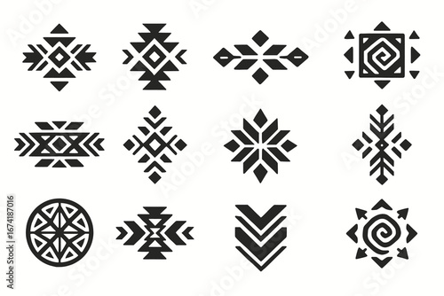 Collection of geometric tribal patterns in black and white design