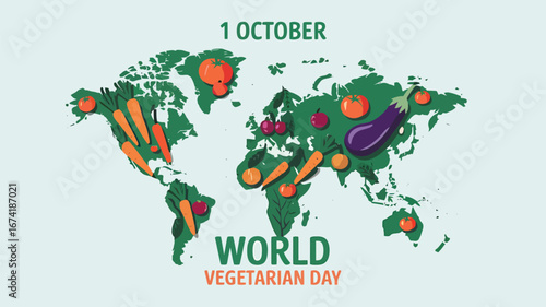 Vector art of world vegetarian day observed on october 1st, featuring a world map illustrated with various fresh vegetables and fruits, symbolizing global plantbased eating
