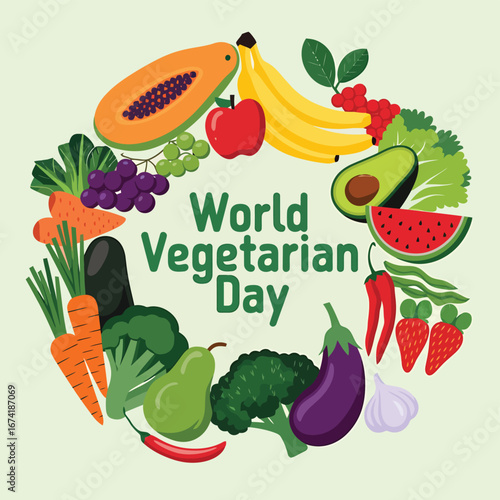 Vector art of world vegetarian day celebrated with a vibrant circular arrangement of fresh fruits and vegetables, promoting healthy eating and plantbased diets
