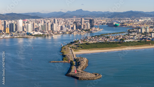 Frontal aerial view of Itajaí, gateway for ships entering the Port of Itajaí in Santa Catarina.
