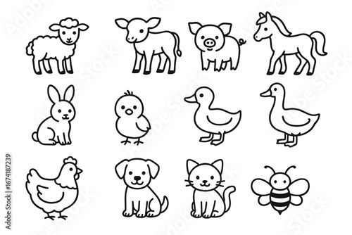 Cute outline drawings of farm and pet animals for kids