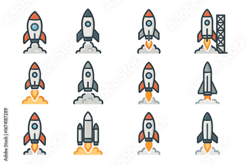 Set of twelve rocket icons in various launch stages and designs
