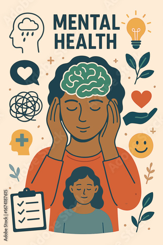 Mental health flat vector illustration with two people, brain icons, and support symbols. Concept of emotional wellbeing, therapy, and psychological support
