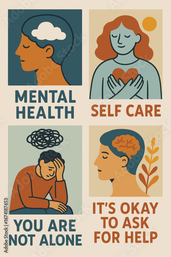 Flat vector illustration set of mental health posters with people, brain icons, and supportive messages. Concept of self care, seeking help, and emotional wellbeing

