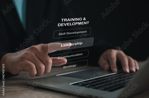 Training and development digital interface with skill options like leadership, communication, and strategy, representing corporate learning, career growth, and employee training systems.