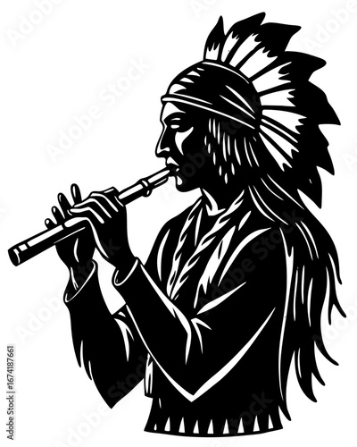 Soulful Black and White Native Flute Art