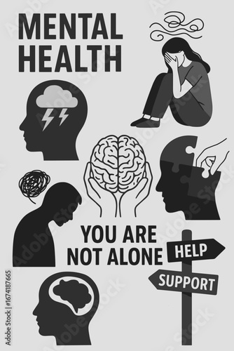 Vector illustration of mental health awareness with silhouettes, brain icons, and supportive text about not being alone. Concept of therapy, support, and psychological wellbeing

