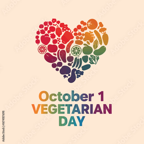 Vector art of heart shape made of colorful fruits and vegetables celebrating world vegetarian day on october 1st