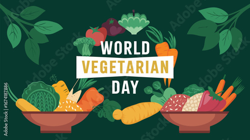 Vector art of world vegetarian day celebration with fresh vegetables and fruits in bowls, promoting healthy eating and plantbased lifestyle