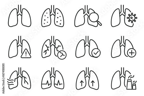Lung health icons: disease, examination, infection, safety, air pollution monitoring