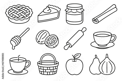 Outline icons of pie, jam, honey, and baking ingredients in black and white