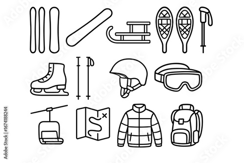 Winter sports equipment outline collection: skis, snowshoes, sled, and more