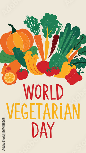 Vector art of a vibrant arrangement of fresh vegetables including pumpkin, carrots, cucumber, tomatoes, and bell peppers, with text celebrating world vegetarian day