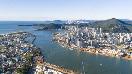 Aerial panoramic view of Itajaí and Navegantes with the Itajaí-Açu River channel leading to the port.