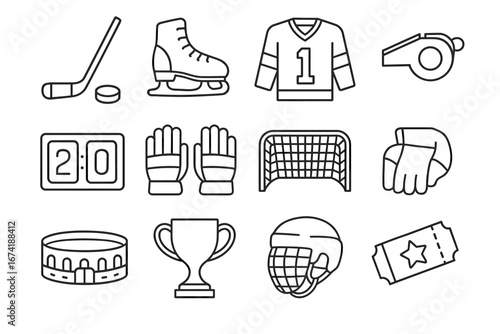Outline icons of ice hockey equipment and accessories