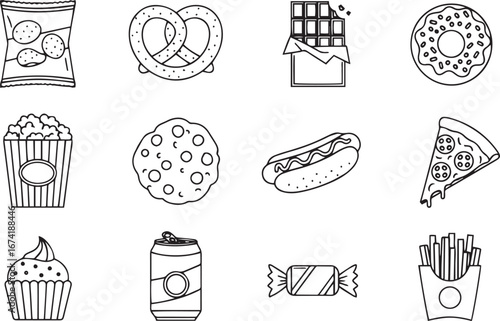 A collection of various food items and snacks, including pretzels, donuts, chocolate, popcorn, cookies, hot dogs, and pizza, arranged in a grid format.